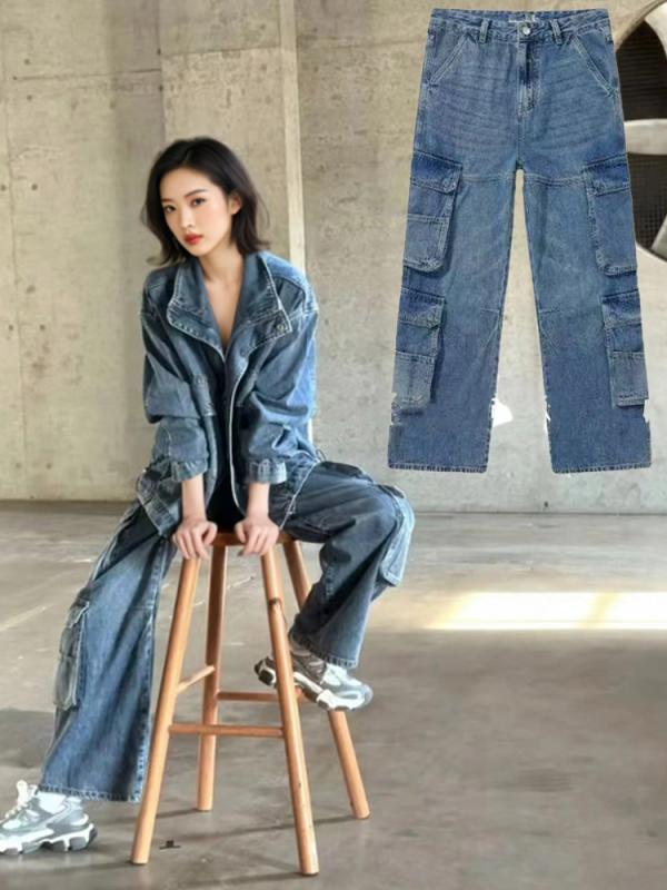 レディース デニムパンツ アメリカン レトロ ウォッシュ 多ポケット ワーク ストレート ワイドレッグ カジュアル 普段使い コットン 素材 ビッグシルエット