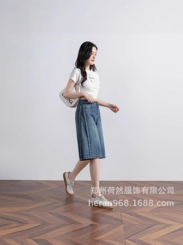 レディース デニム ショートパンツ 夏用 5分丈 ワイドレッグ ハイウエスト スリム効果 ゆったり カジュアル ストレート 普段使い リラックススタイル 脚長 コットン混 軽量
