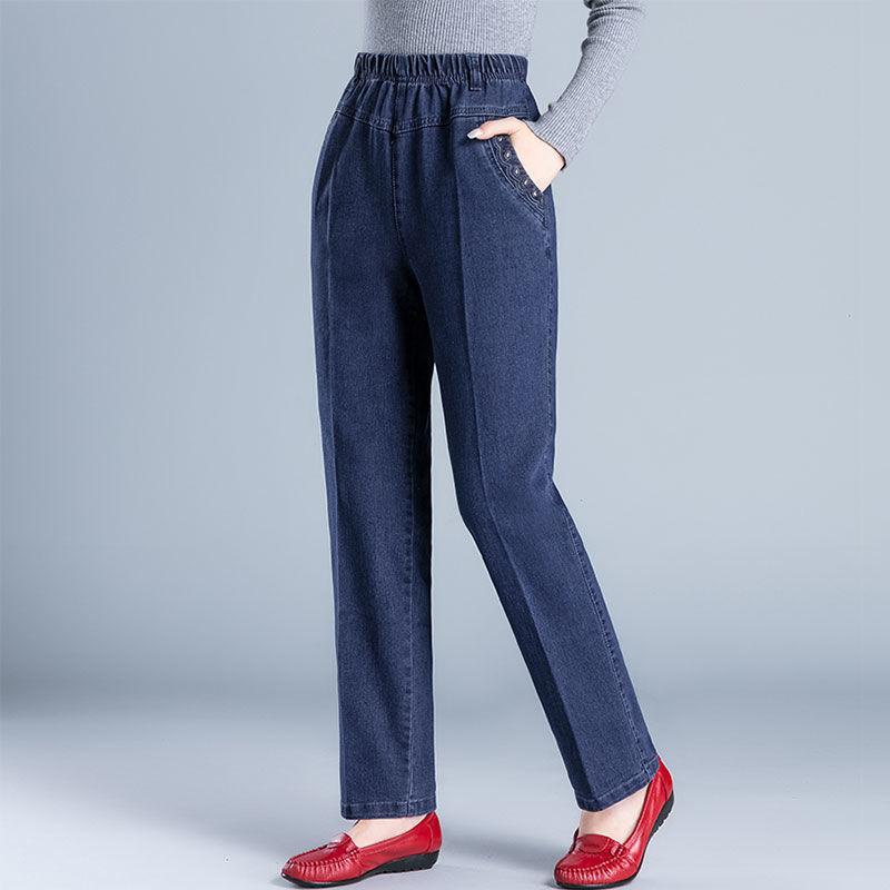 レディース デニムパンツ ハイウエスト ストレート ゆったり 大きめサイズ 向け 春秋 カジュアル 伸縮性 コットン混 普段使い 軽量 フィット