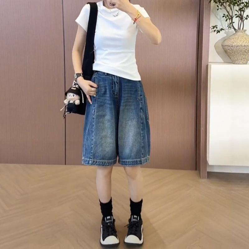 レディース デニム ショートパンツ ハイウエスト スリム効果 ゆったり ストレート 膝上丈 夏用 大きめサイズ ぽっちゃり対応 カジュアル 薄手 ベーシック 普段使い 軽量 伸縮性