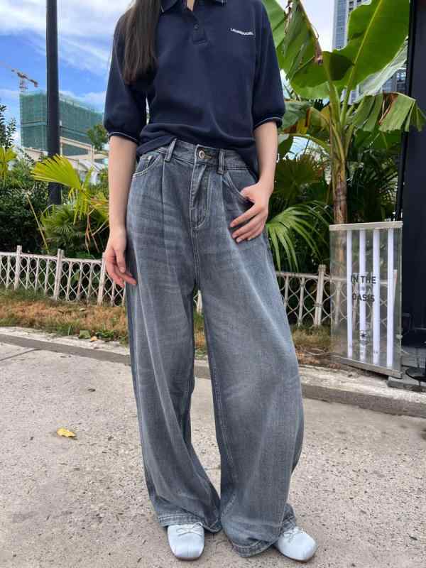 レディース デニムパンツ ワイドレッグ ストレート 素材 軽量 柔らかい スリム効果 復古 アメリカンスタイル カジュアル 普段使い ゆったりシルエット 切り替え