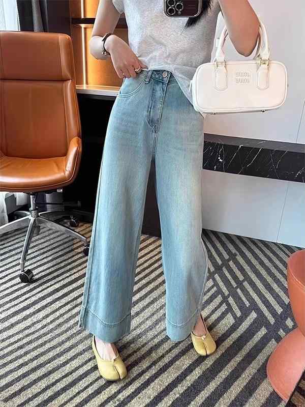 レディース デニムパンツ ぽっちゃり 大きいサイズ ハイウエスト ワイドレッグ クロップド丈 素材 伸縮性 スリム効果 梨型体型対応 カジュアル ボトムス 普段使い