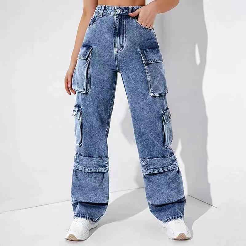 レディース デニムパンツ ハイウエスト カーゴパンツ フラップポケット フィット ストレッチ コットン素材 カジュアル ボトムス 普段使い 女性用 ズボン