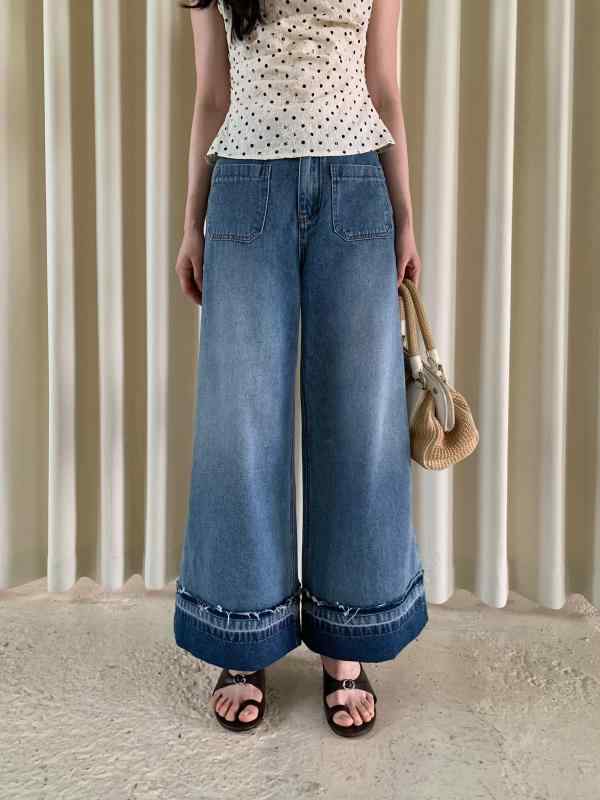 レディース 夏 ストレート デニムパンツ フランス レトロ 洗い加工 ライトブルー 裾カフス フラッフ ディテール カジュアル 普段使い コットン 素材 軽量 伸縮性