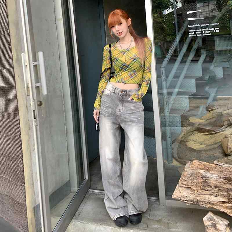 レディース デニムパンツ グレー ワイドレッグ ハイウエスト ストレート ヴィンテージ加工 フロア丈 スリム 普段使い カジュアル コットン素材