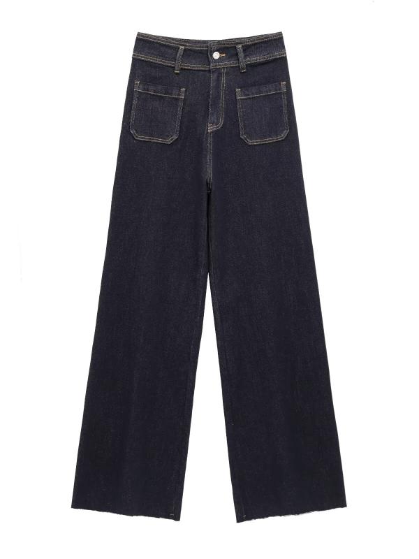 レディース デニムパンツ コットン混 ストレッチ ハイウエスト ストレートレッグ スリムフィット ダブルポケット 春夏 カジュアル 普段使い