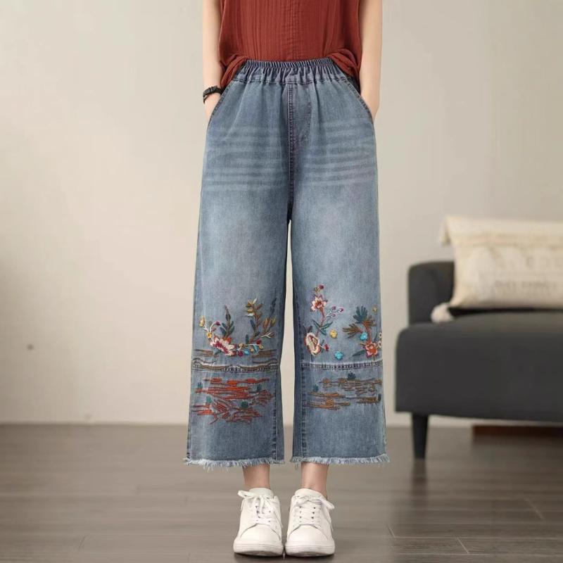 デニムパンツ レディース ハイウエスト 刺繍 フリンジ ワイドレッグ ビッグサイズ ゆったり スリム見え ストレート 9分丈 春秋 カジュアル デニム素材 コットン ストレッチ 普段使い