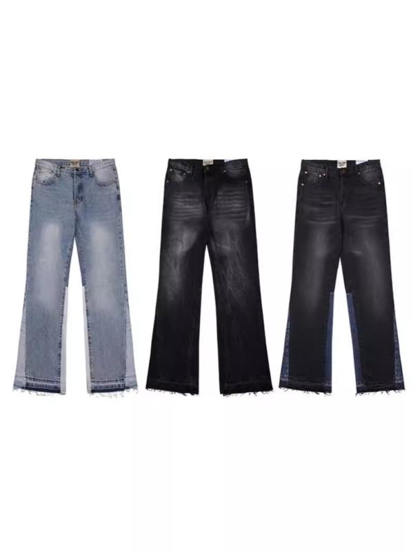 デニムパンツ メンズ レディース ベーシック ウォッシュ加工 微フレア ブルー 切り替え ロング丈 カジュアル 普段使い ストレッチ素材 快適フィット