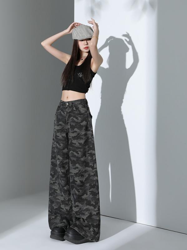レディース ワイドレッグ デニムパンツ ミリタリー 迷彩 グレー ハイウエスト ゆったり シルエットスリム ストレート 秋 大きめ サイズ カジュアル 普段使い デニム素材 軽量