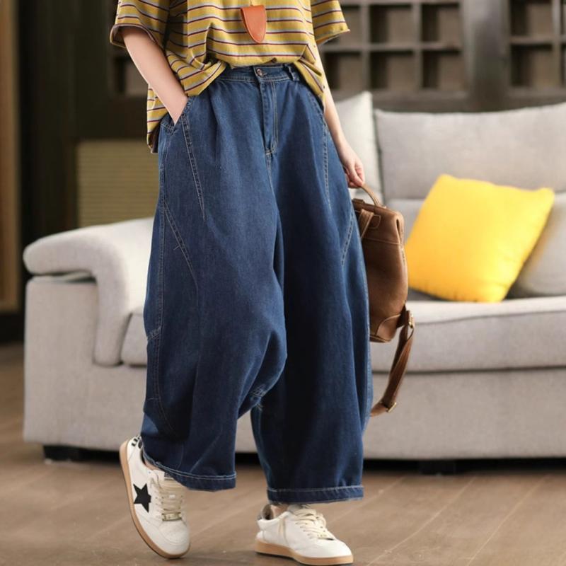 レディース デニムパンツ ハイウエスト ゆったり ワイドレッグ 大きめ レトロ ウォッシュ加工 カジュアル スリム効果 灯籠シルエット 綿素材 ビッグサイズ 普段使い