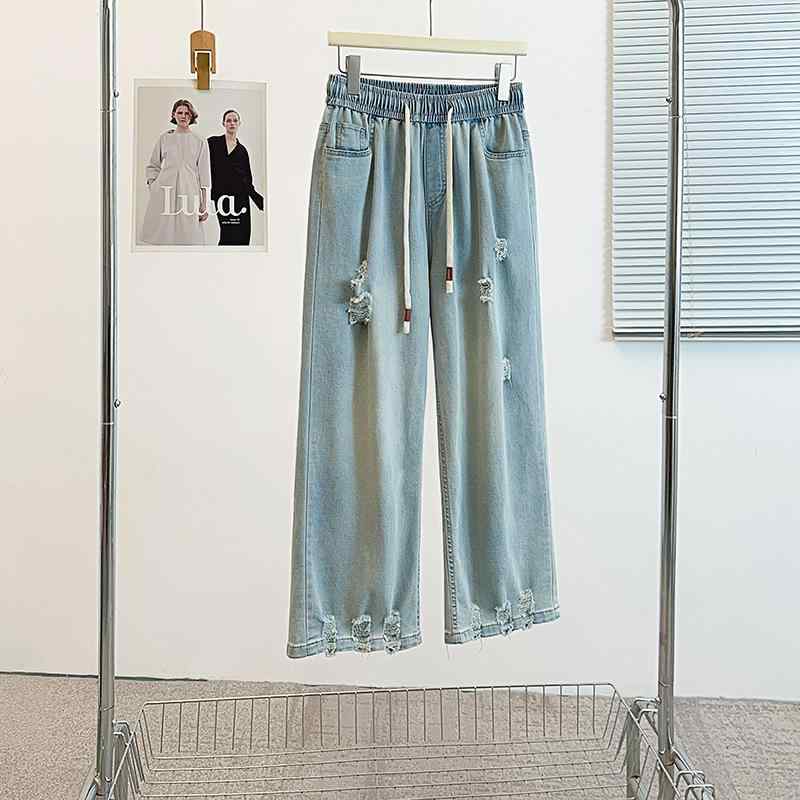 レディース デニムパンツ 夏 ハイウエスト ワイドレッグ ダメージ 伸縮性 大きめサイズ スリム 細見え コットン素材 高級感 普段使い