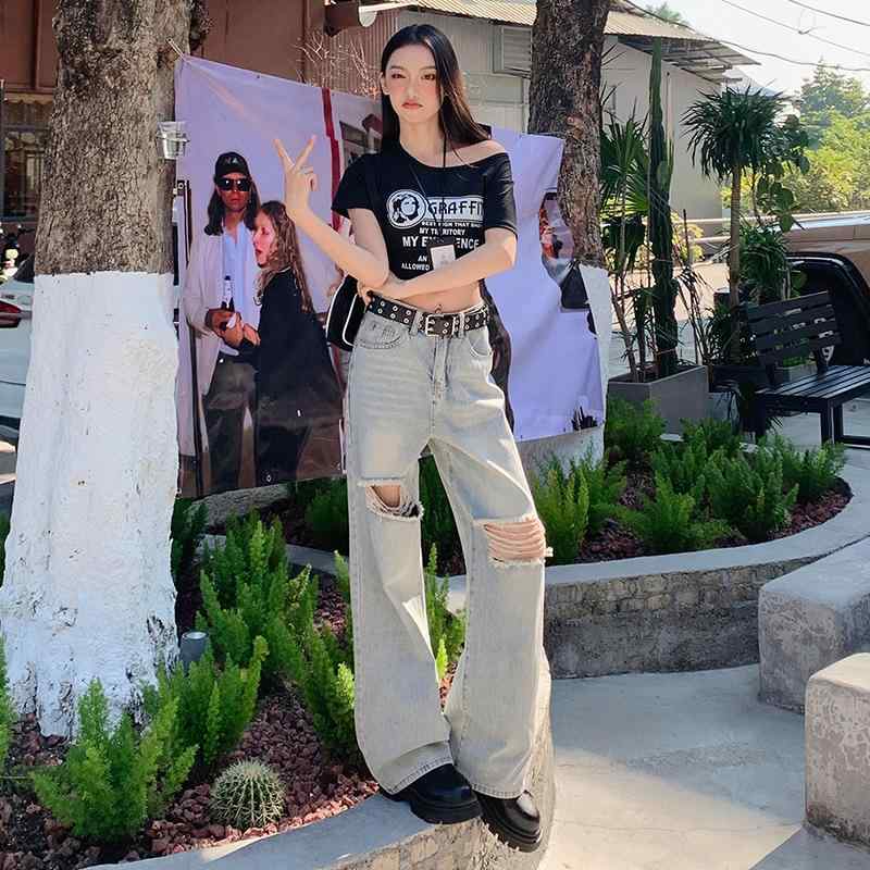 デニムパンツ レディース ハイウエスト ストレート ライトカラー ダメージ加工 夏用 薄手 ビッグサイズ ロング丈 梨型体型対応 普段使い 伸縮性 コットン混 ライトブルー系 カジュアル