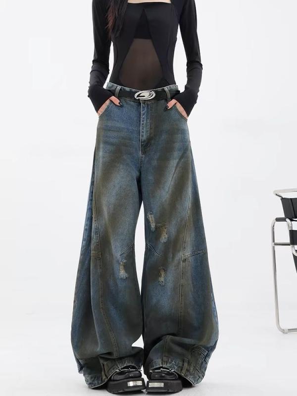 レディース デニムパンツ ビッグサイズ アメリカン レトロ ゆったり ストレート ワイドレッグ リップド ディストレス ドレープ カジュアル ストリート デニム素材 伸縮性 普段使い