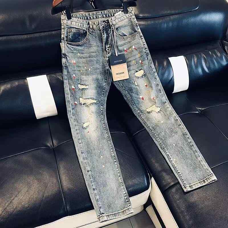 メンズ 夏用 破れデニムパンツ ストリートスタイル カラフル ペイントスプラッシュ柄 スリムフィット 細身レッグ デニム素材 伸縮性 普段使い 軽量 通勤対応 高級感 ボトムス ズボン トップス合わせ