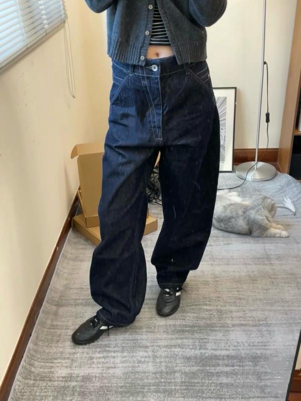 レディース ワイドレッグ デニムパンツ ゆったり フィット カジュアル ヴィンテージ デニム ミッドハイウエスト ドロップクロッチ インディゴカラー コットン素材