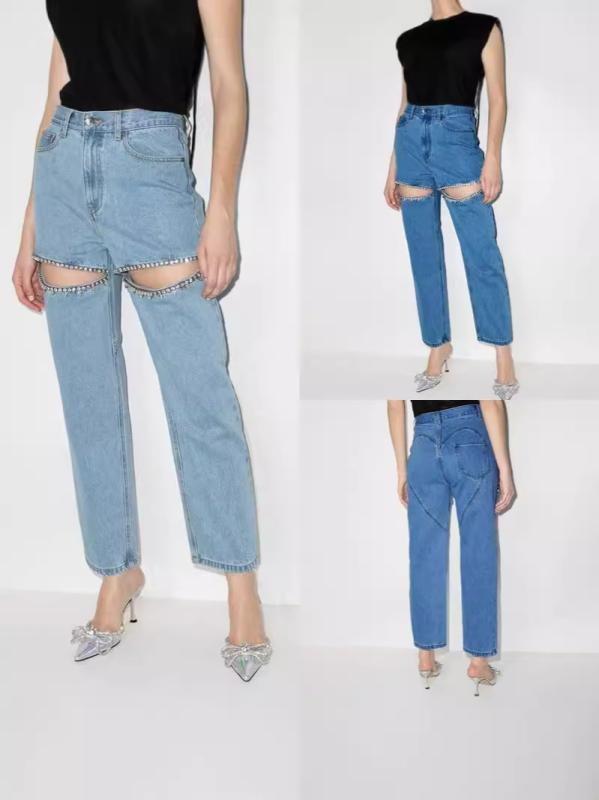 デニムパンツ レディース ハイウエスト ストレート ロング ジルコニア 装飾 カットアウト ウォッシュ加工 コットン 素材 カジュアル 普段使い コーディネート 伸縮性 快適