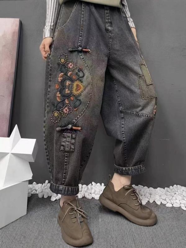 デニムパンツ レディース 春夏 ゆったり カジュアル 刺繍 花柄 レトロ加工 ヴィンテージ ゴムウエスト イージー 普段使い フィット デニム素材 ストレッチ性 4,406円