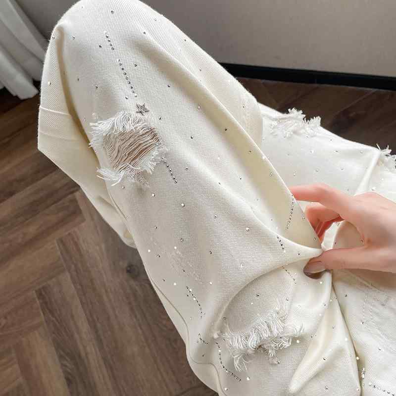 レディース 白 接触冷感 ワイドレッグ デニムパンツ ダメージ加工 夏用 ハイウエスト 脚カバー ドレープ感 ストーン付き ロング丈 軽量 伸縮性 吸湿速乾 通勤用 普段使い カジュアルスタイル