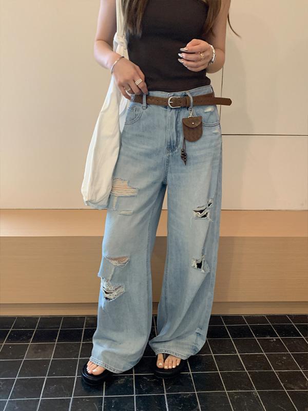 レディース デニムパンツ ダメージ加工 ワイドレッグ ライトブルー ウォッシュ フィット アメリカン ストリートスタイル カジュアル 普段使い ゆったり 快適