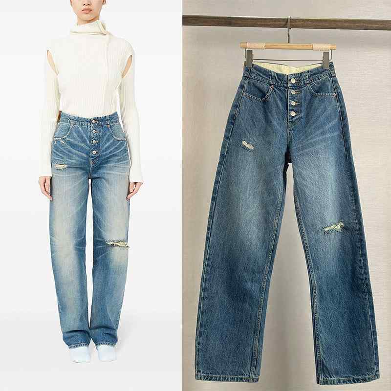 レディース パンツ デニム ハイウエスト ワイドレッグ 破れ ディストレス ロング丈 床引き ボタン フロント スリムシルエット 合わせやすい カジュアル 普段使い 綿素材