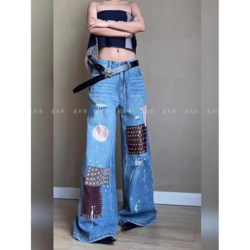 レディース デニムパンツ 春秋 欧米 レトロ パッチワーク 切り替え ウォッシュ加工 スプラッシュ柄 ダメージ ロング丈 カジュアル ストリートファッション ストレッチ素材 ハイウエスト ビッグシルエット ブラック系 アイボリー