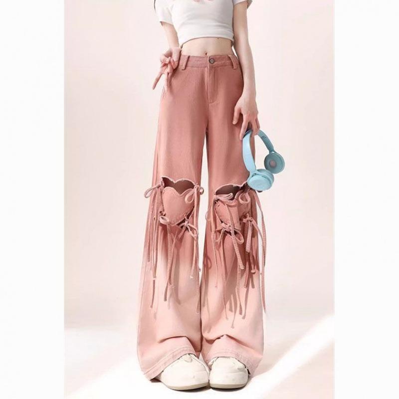 レディース 大きめサイズ デニムパンツ ワイドレッグ フィット スリム効果 ディストレス加工 グラデーション ハートモチーフ 紐 個性的 スタイル カジュアル 普段使い デニム素材 伸縮性