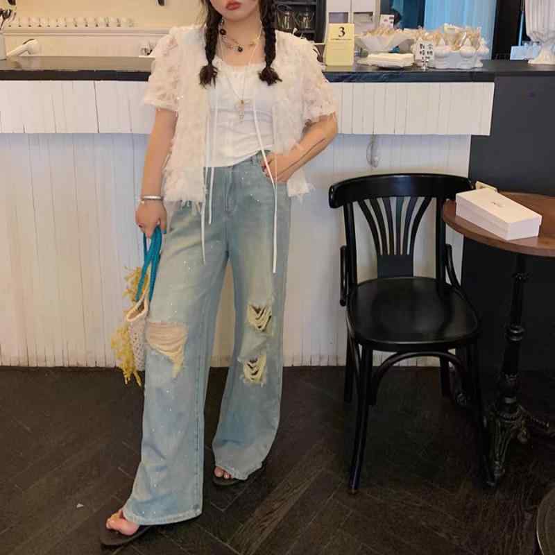 レディース デニムパンツ 夏用 薄手 ダメージ加工 ハイウエスト スリム効果 ぽっちゃり対応 大きめサイズ ストレート ジーンズ カジュアル 普段使い 綿素材 ゆったりシルエット