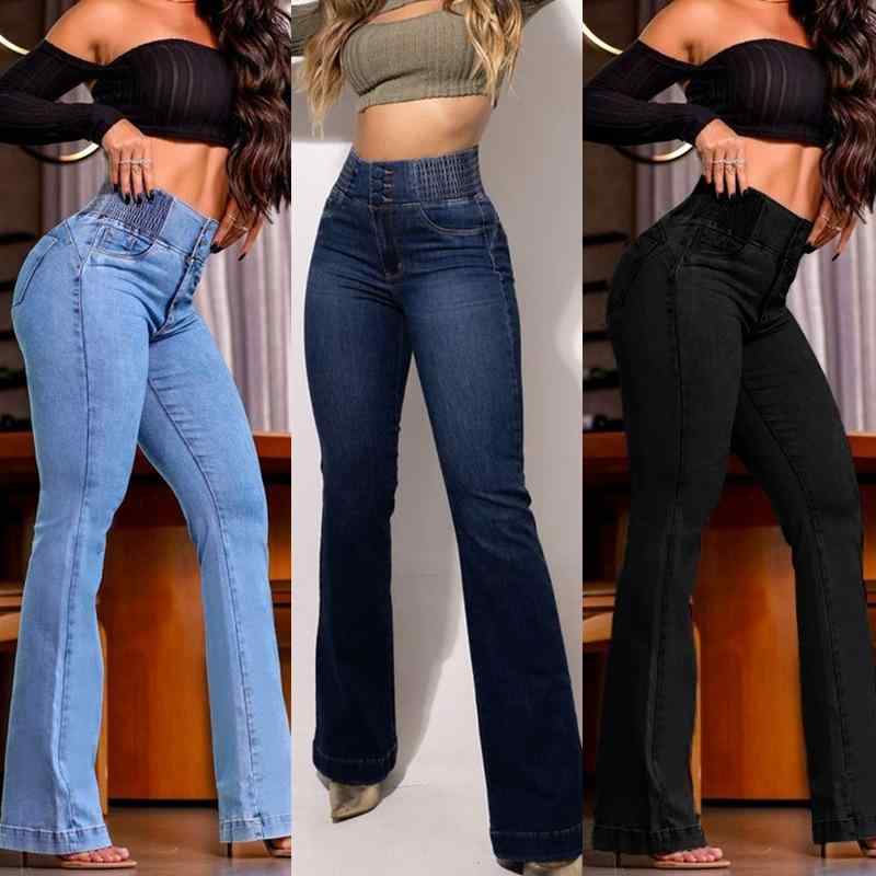 レディース ハイウエスト デニムパンツ 伸縮性 スリムフィット 微フレア ヒップアップ 弾力素材 修身シルエット 普段使い ボディシェイプ ロング丈 カジュアルスタイル 軽量 快適フィット