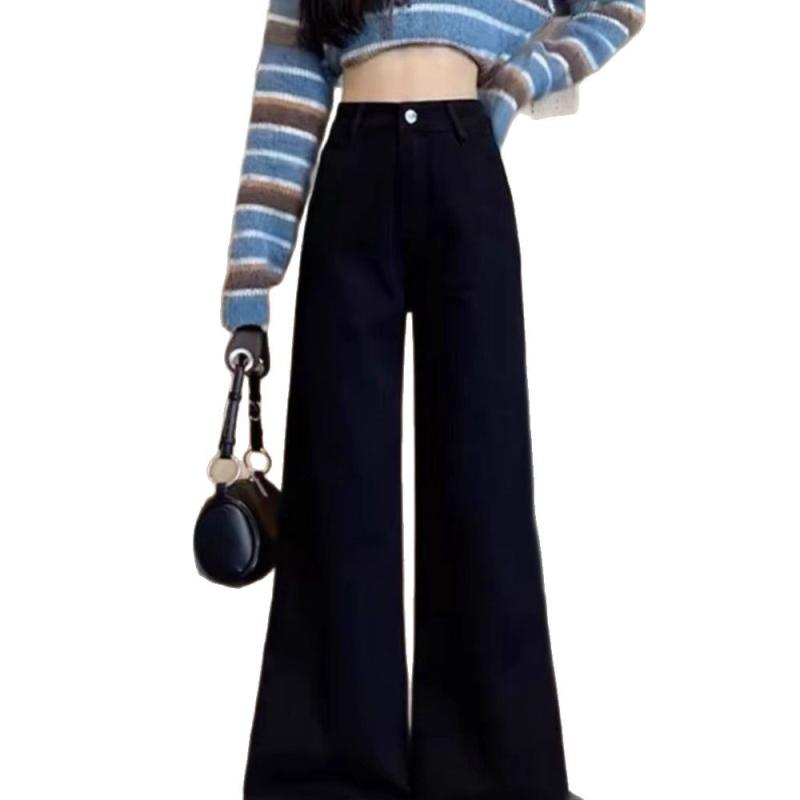 デニムパンツ レディース ブラック ワイドレッグ ハイウエスト ゆったり ストレート ロング丈 大きめサイズ スリム効果 ベーシック 春秋用 デニム素材 コーディネートしやすい 普段使い