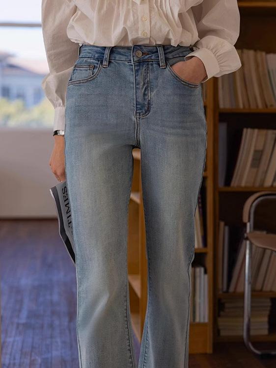レディース デニムパンツ ハイウエスト ストレート 微フレア ストレッチ 脚細見せ シンプル フランス 万能 カジュアル 普段使い ジーンズ ズボン 再生繊維 混