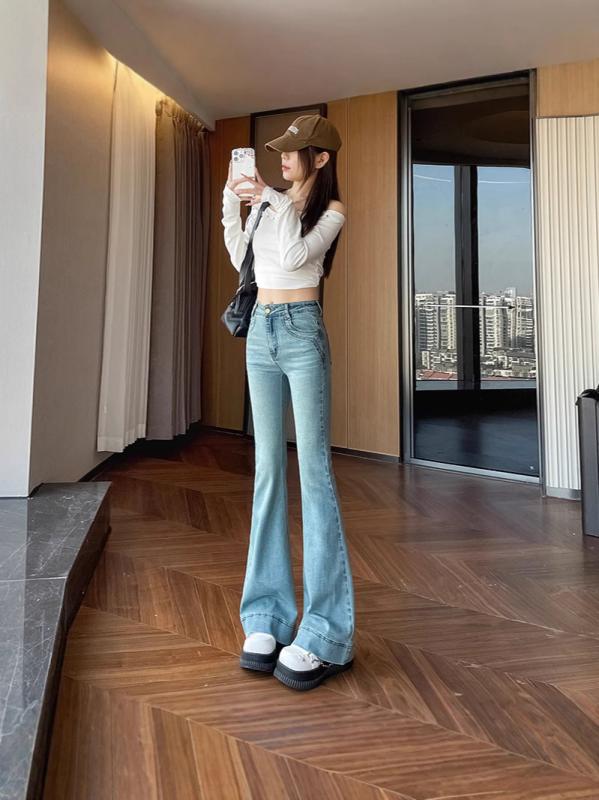 デニムパンツ レディース 春夏 ハイウエスト ライトカラー 伸縮性 スリムフィット 脚長効果 痩せ見え ホースシューフレア カジュアル