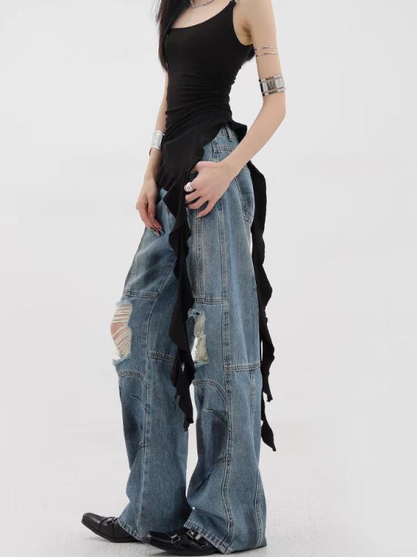 女性用 アメリカン レトロ ビンテージ ダメージ 加工 ワイドレッグ デニムパンツ 切り替え 落ち感 ロング丈 カジュアル ストリート スタイル ゆったり シルエット 伸縮性 素材
