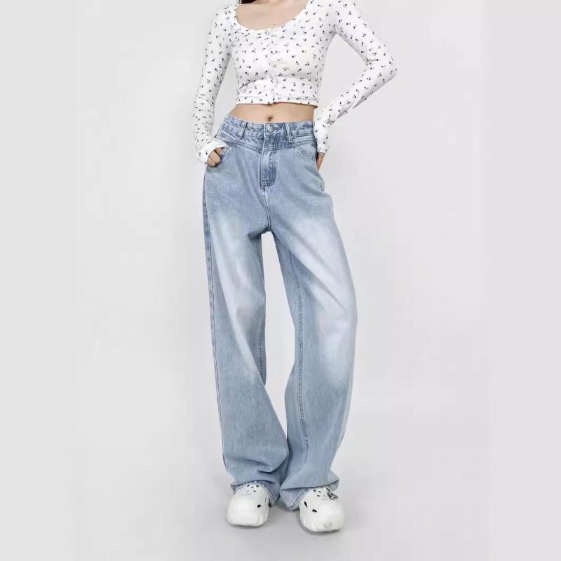 レディース デニムパンツ ビンテージ ウォッシュド ハイウエスト ワイドレッグ フィット ロング丈 夏用 ゆったり シルエット 軽量 伸縮性 普段使い 通勤用 デイリー コーデ ブルー系 カジュアル