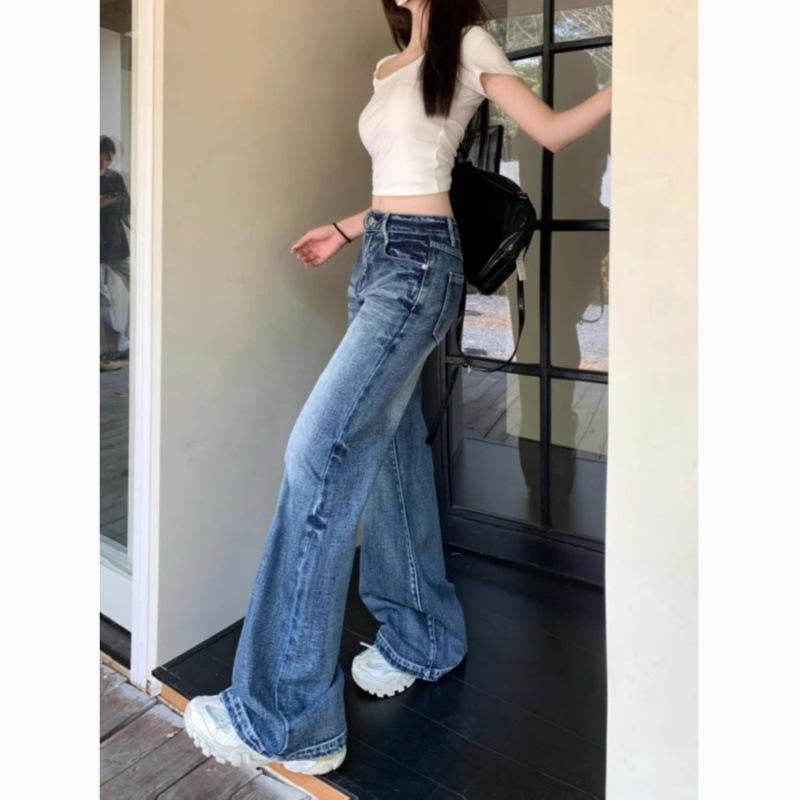 女性用 秋 ハイウエスト ワイドレッグ デニムパンツ レトロ スリム効果 ロング丈 ストレート フレア カジュアル 普段使い デニム素材