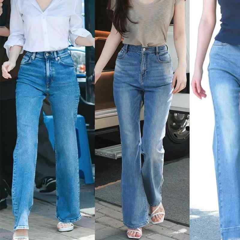 レディース デニムパンツ ハイウエスト 微フレア スリム 脚長効果 小柄対応 ストレッチ 普段使い コーデしやすい ブルー系 コットン混 スキニーパンツ ワイドパンツ