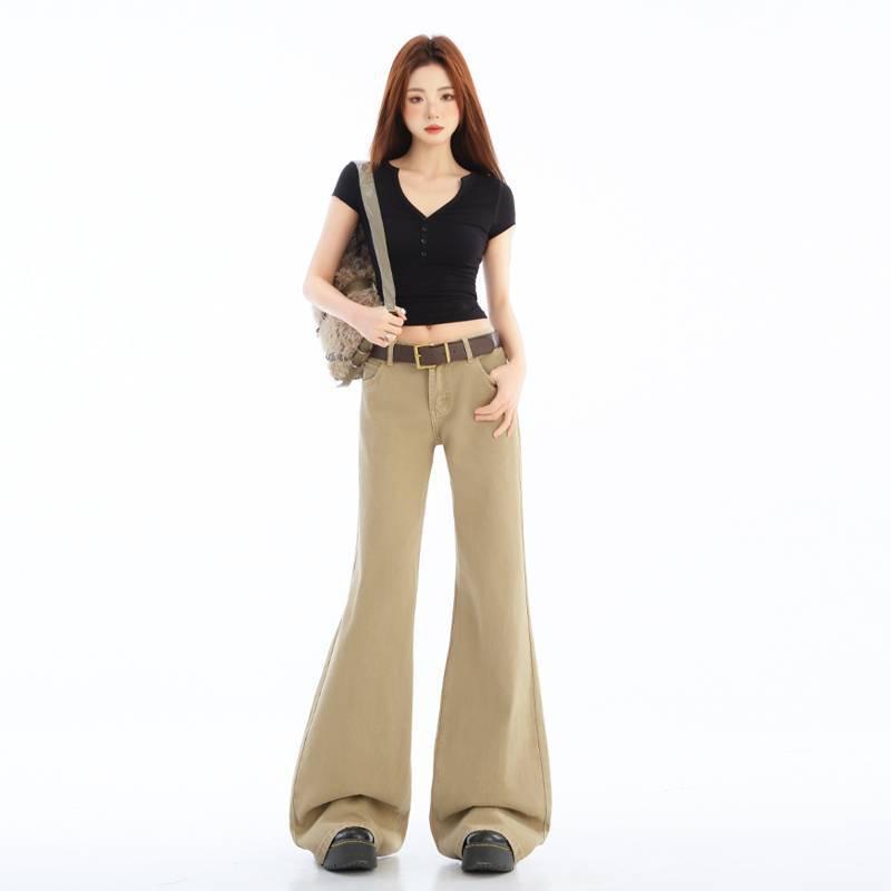 レディース デニムパンツ カーキ 微フレア フィット ローライズ レトロ スリム ロング ボトムス カジュアル 普段使い 女性用 ストレッチ