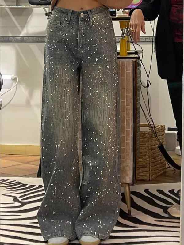 レディース 夏用 デニム ロングパンツ レトロ アメリカンスタイル 切り替え ストーン装飾 輝く コーディネートしやすい カジュアル 普段使い 伸縮性 軽量