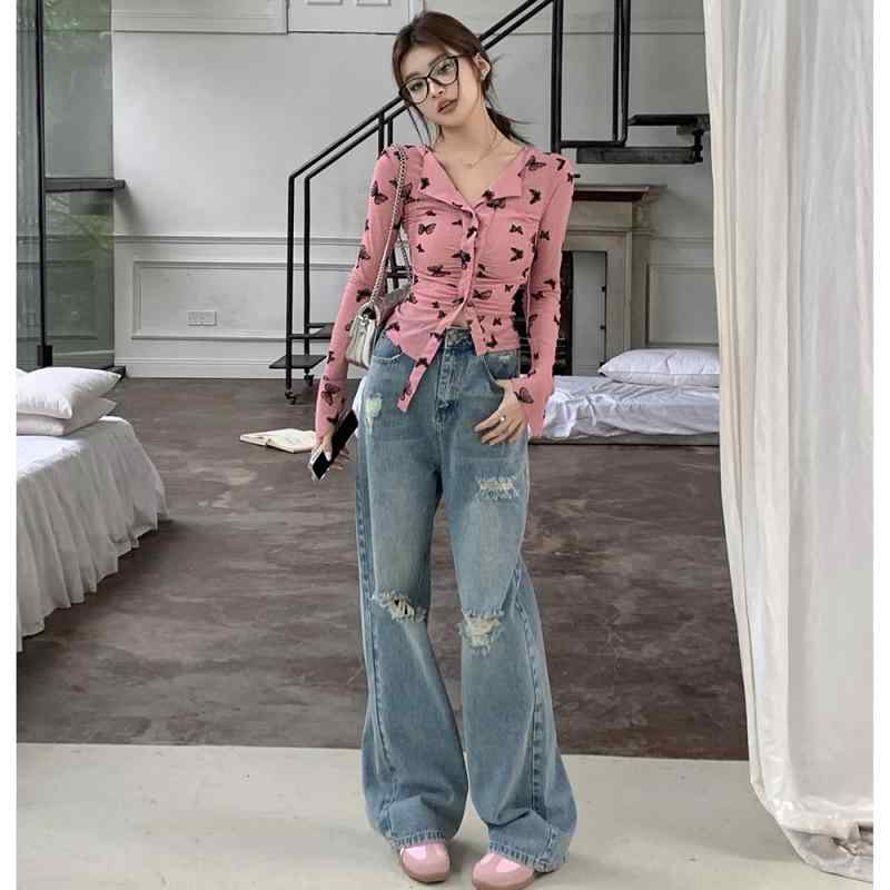 デニムパンツ レディース 春夏 破れ ワイドレッグ ゆったり ストレート カジュアル ロング丈 スリムシルエット デニム素材 普段使い 軽量 伸縮性