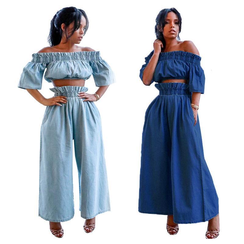 レディース オフショルダー クロップドトップ フリル 短袖 ワイドパンツ 無地 デニム セット カジュアル 夏服