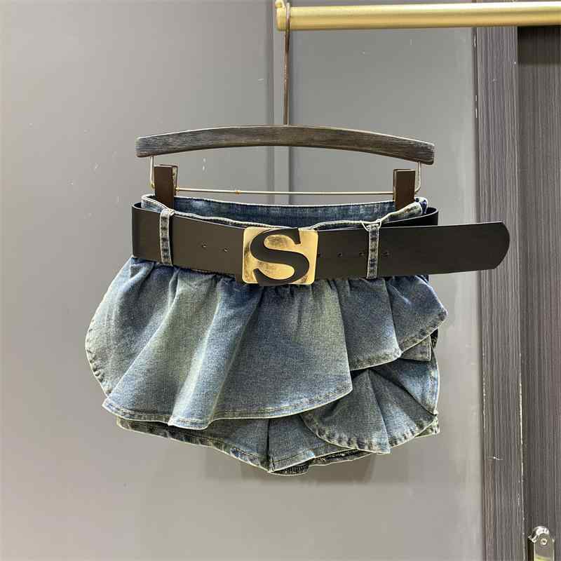 スカートパンツ レディース デニム フリル 短め 春夏 レトロ スリム ふわふわ ボリューム カジュアル 普段使い