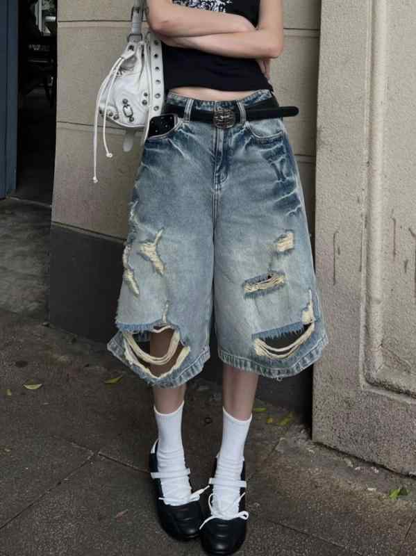 デニムパンツ 女性用 ワイドレッグ ビッグシルエット ダメージ ウォッシュ加工 ストレート 中丈 ストリート カジュアル スリム見せ デニム素材 4,576円