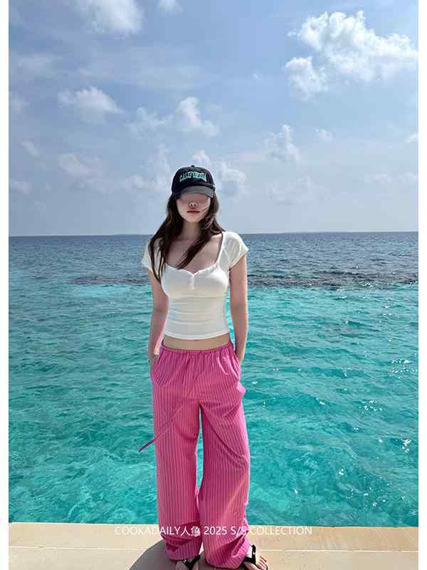 夏 レディース ハイウエスト パンツ スリム ゆったり ベリー柄 ストライプ ロング ブルー ショート 軽量 吸湿速乾 通勤 普段使い
