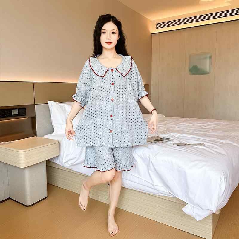 パジャマ レディース 大きめサイズ 短袖 ショートパンツ セット ポルカドット柄 綿100% 通気性 肌触り良い ゆったりシルエット 夏秋 部屋着 外出着