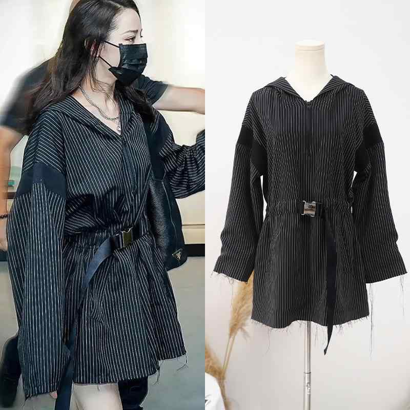 ワンピース レディース 春夏 ストライプ シャツワンピース フード付き 膝丈 長袖 チュニック トップス 婦人服 普段使い カジュアル リゾート ゆったり 体型カバー 大きいサイズ 着痩せ 細見え プラスサイズ お洒落 かわいい|ホープ