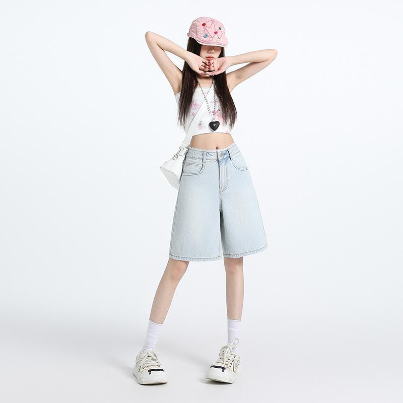 デニムショーツ レディース 夏 ハイウエスト ストレート 淡色 レース 花辺 スリム見え カジュアル 普段使い コットン 素材 軽量 フェミニン スタイル