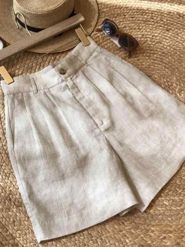 ショートパンツ レディース 夏用 リネン コットン ハイウエスト ボタン ワイドレッグ 薄手 膝上丈 カジュアル 普段使い 軽量 通気性 良い