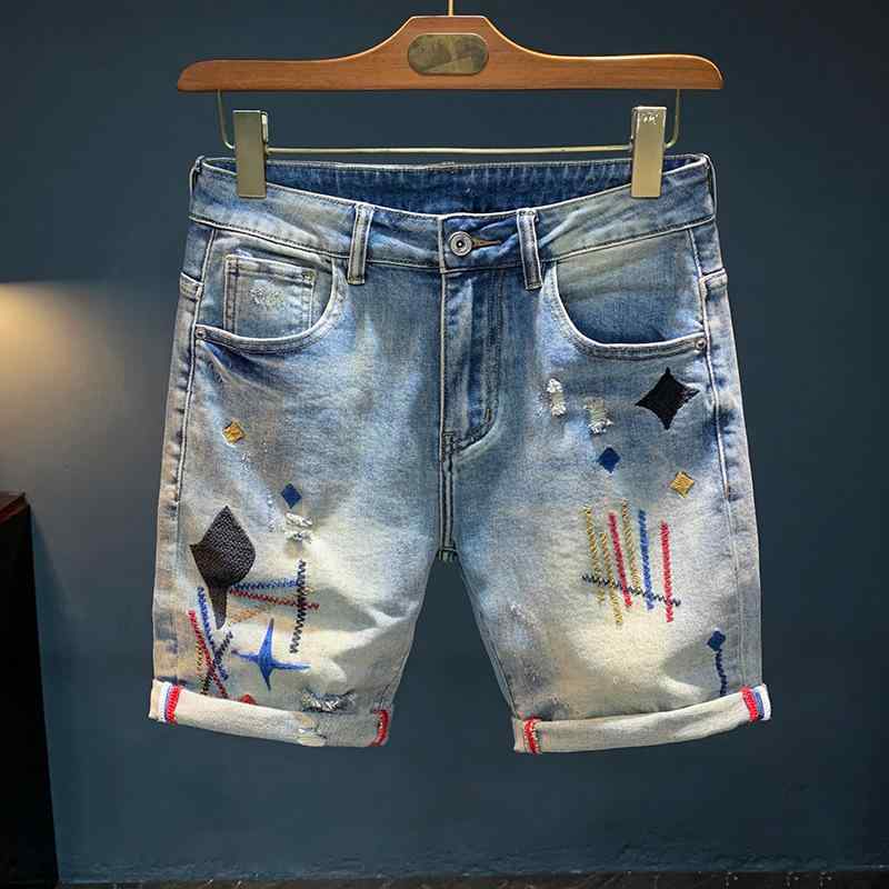 デニム ショーツ メンズ 夏用 刺繍 伸縮性 レトロ ダメージ ストレート 薄手 膝上丈 カジュアル 普段使い 軽量