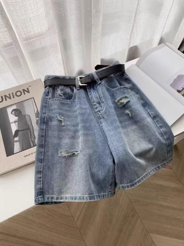 レディース ショートパンツ ダメージ デニム ハイウエスト ワイドレッグ 大きめサイズ ぽっちゃり対応 夏用 カジュアル スリム見せ ゆったりシルエット 吸湿速乾 軽量 ブルー系