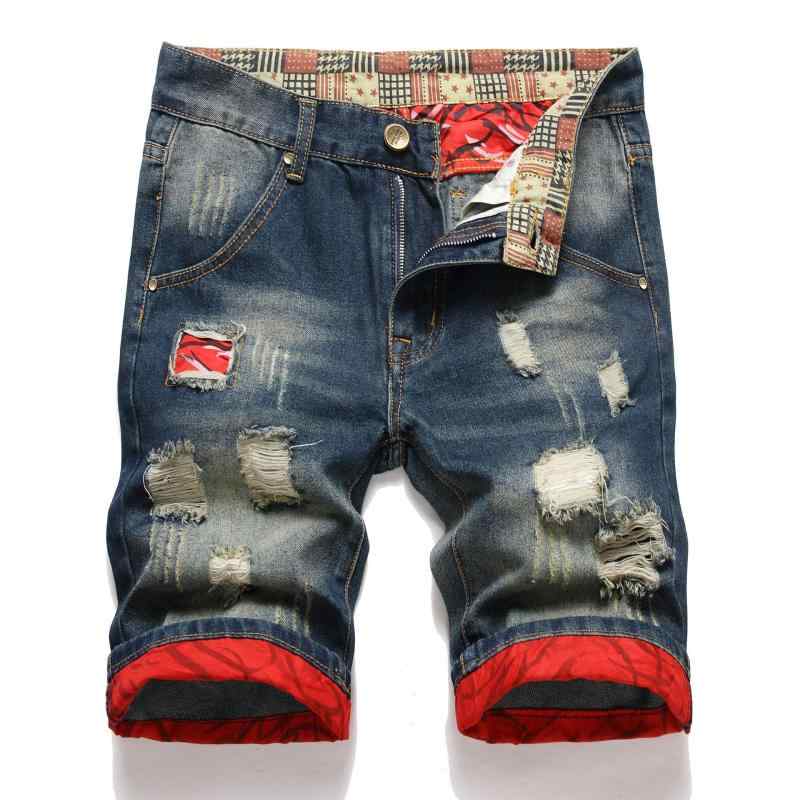 メンズ デニム ショートパンツ 破れ パッチワーク 折り返し レトロ スタイル カジュアル 夏用 ストレッチ 素材 普段使い