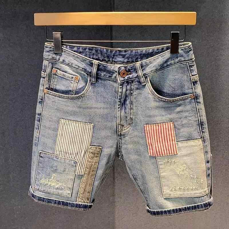メンズ デニムショーツ 夏用 ダメージ パッチ ディテール フィット ストレッチ 生地 切り替え パネル アメリカン スタイル カジュアル ウェア ストリート ファッション レジャー アクティビティ